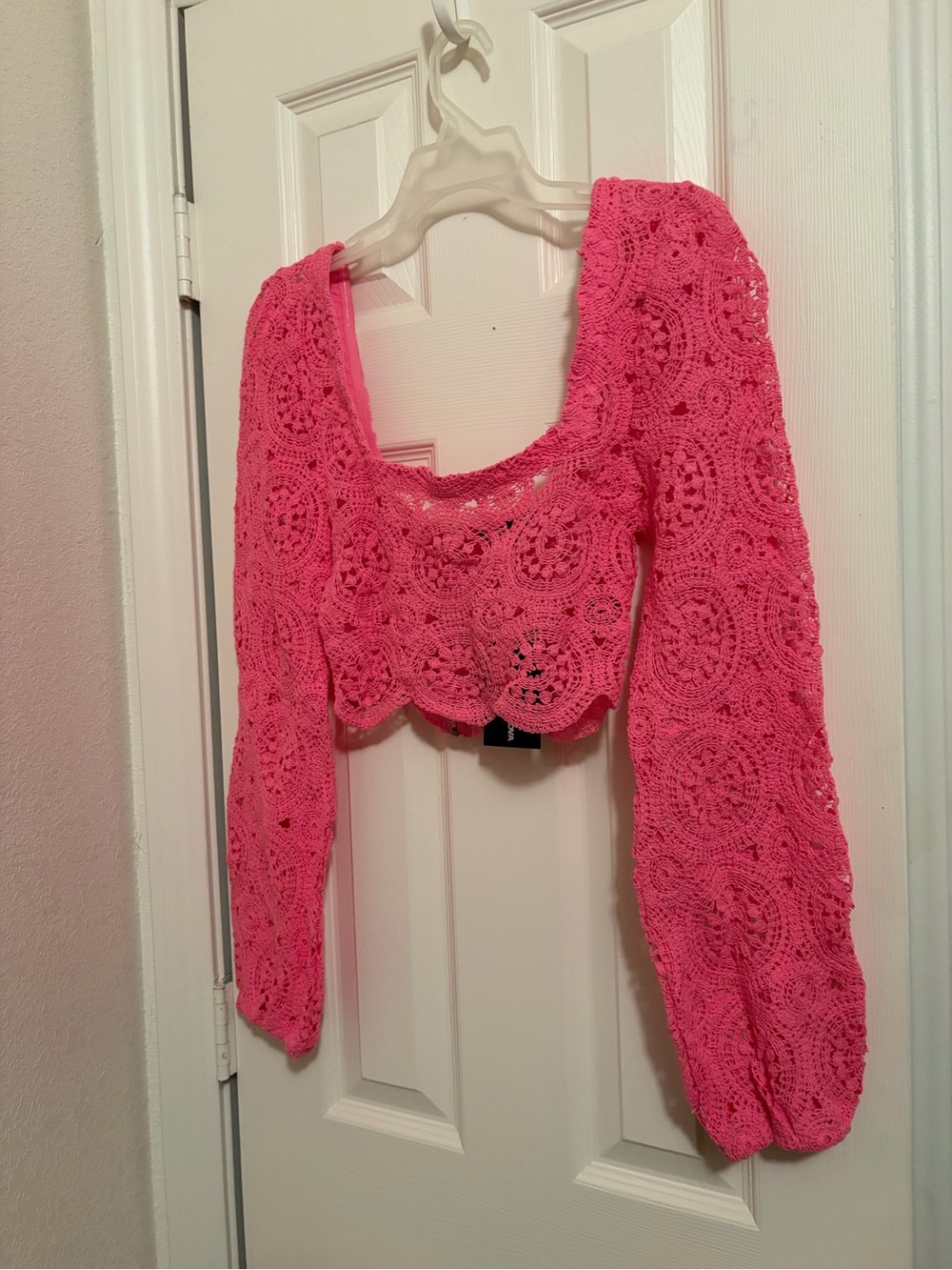 Fashion Nova-Pink Crochet Long-Sleeve Crop Top
